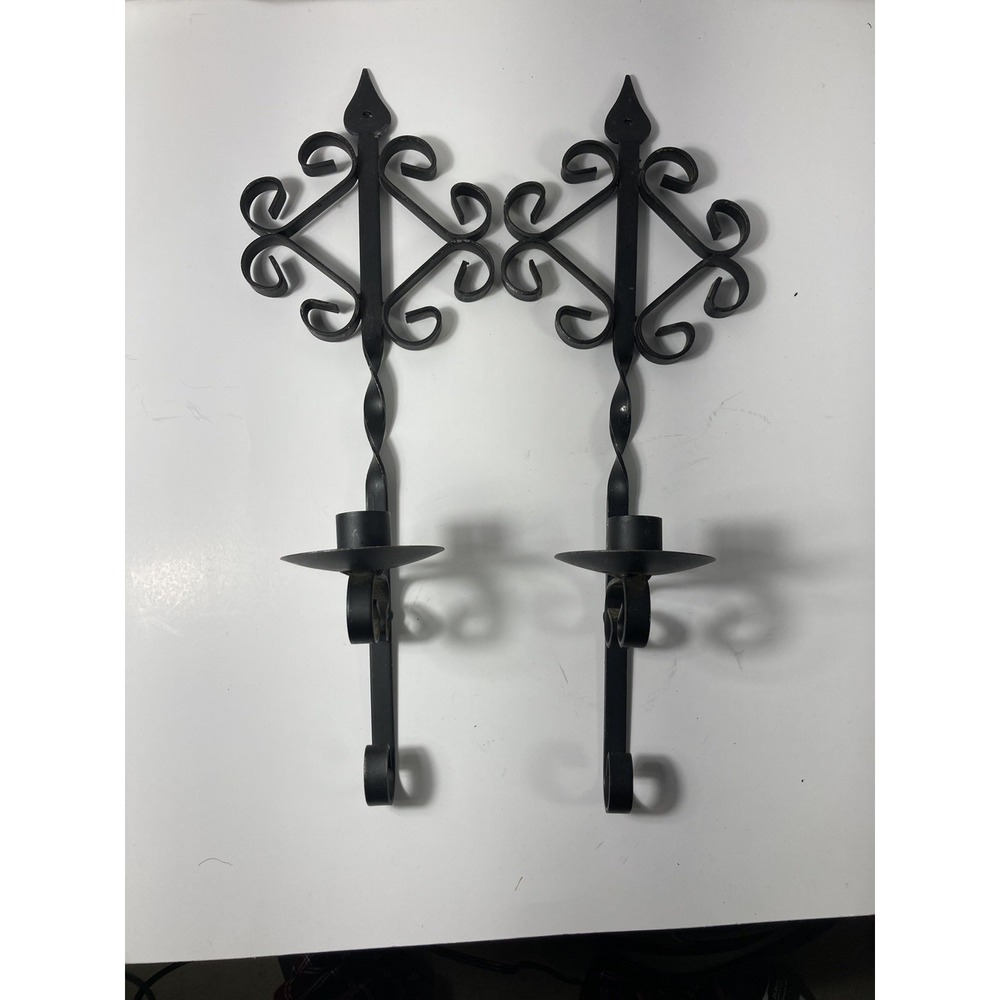 Vintage 2 Black Gothic Iron Candle Holders Wall Decor 16"h 6"w